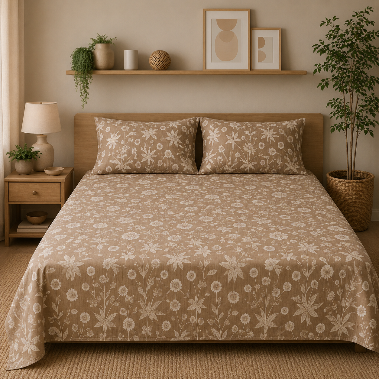Percale Cotton Printed Bedsheet Set in Floral Light Brown