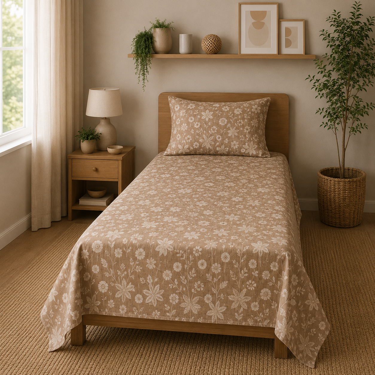 Percale Cotton Printed Bedsheet Set in Floral Light Brown