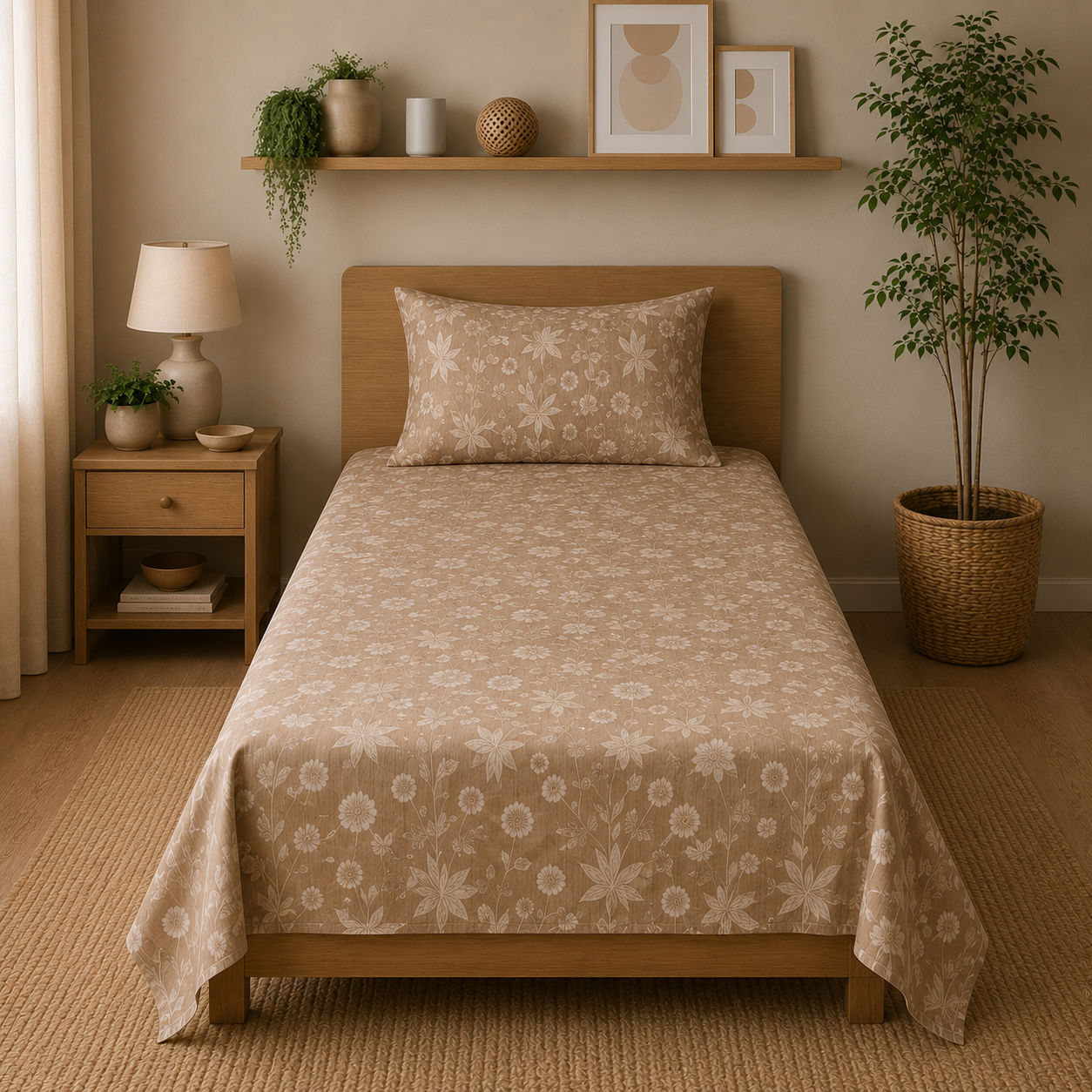 Percale Cotton Printed Bedsheet Set in Floral Light Brown